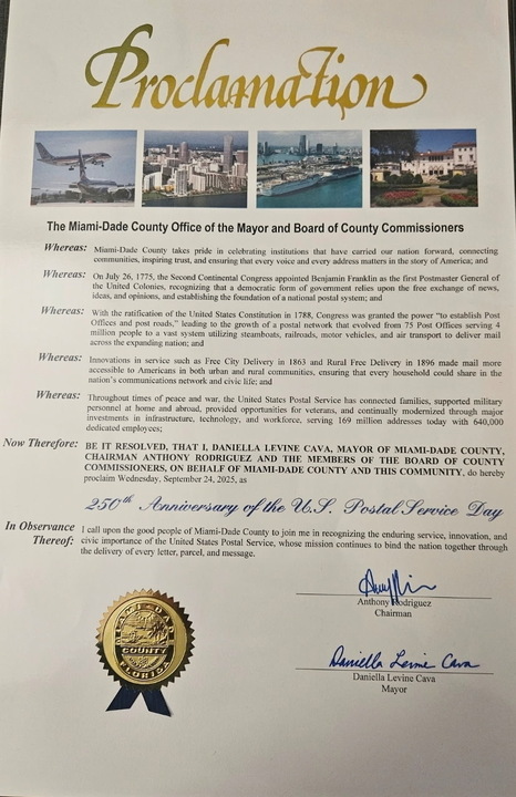 Proclamation Honoring USPS 250 from Miami-Dade County Commission