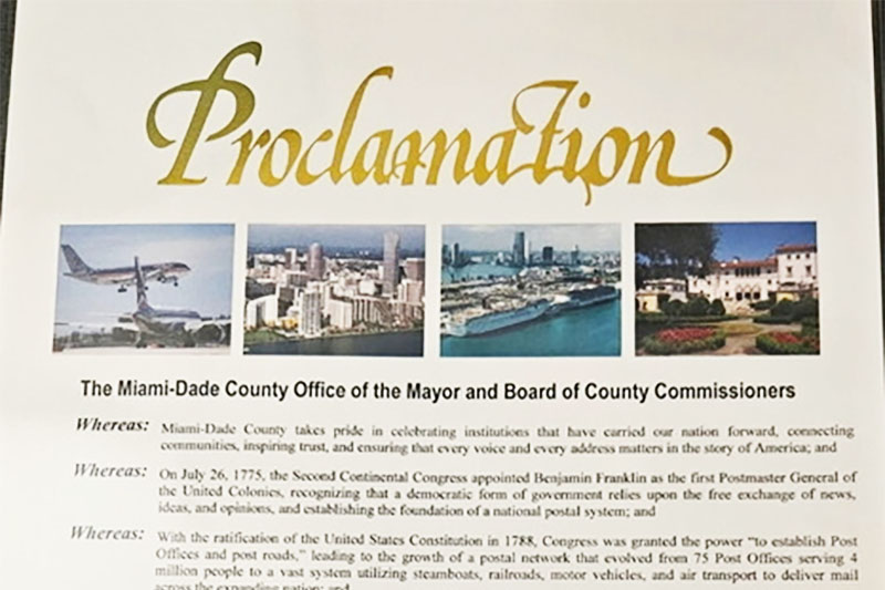 Proclamation Honoring USPS 250 from Miami-Dade County Commission